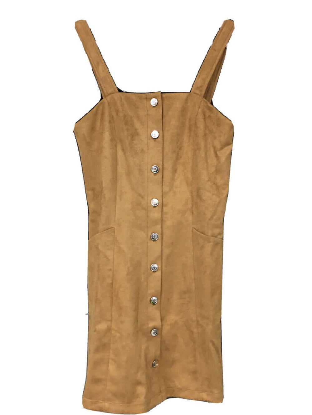 Women Button Down Pinafore Overall Dress Faux Suede Sleeveless Jumper Dress Sz M